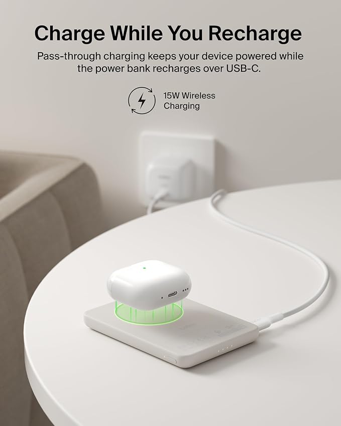 Belkin MagSafe Power Bank 5,000mAh, Ultra-Slim Qi2 15W Certified Magnetic Back Supports MagSafe Accessories On-the-Go, Wireless Battery Pack w/USB C Cable for iPhone 17, Pixel 10, Travel - Sand