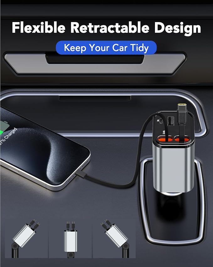84W Upgraded Retractable Car Charger Adapter for iPhone 17,4 in 1 Fast Charging Car Phone Charger,USB C Car Truck Accessories,Road Trip Essentials Gift for Men for iPhone 17/16/15,Galaxy S26,Pixel 10