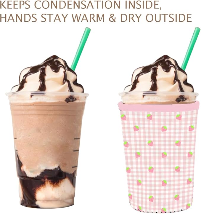 Reusable 3-Pack Iced Coffee Cup Sleeve, Insulated Neoprene, Beverage Holder for Iced Coffee, Durable Drink Sleeve for Cold Beverages, Strawberry Grid