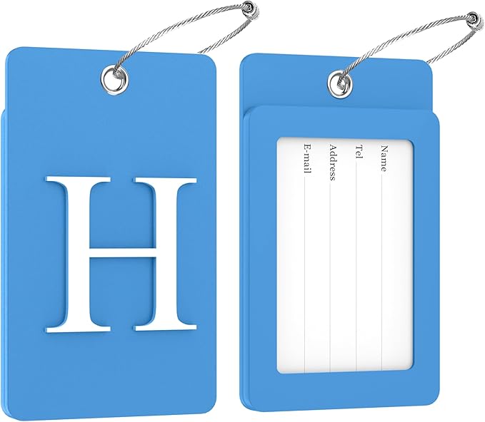Gostwo 2 Pack Luggage Tags for Suitcases, 26 Initial Letter Travel Luggage Baggage Identification Labels ID Tag Fully Bendable Tags with Stainless Steel Loop (Blue) (Letter H)