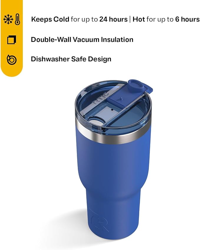 RTIC 40oz Essential Tumbler with Lid, Ceramic Lined, Insulated, Stainless Steel, Metal, Double Wall Vacuum-Insulation, Travel Cup for Iced Coffee, Tea, Hot and Cold Drink, Cobalt