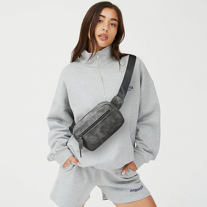 LATMAP 2L Fanny Packs Everywhere Belt Bag Small Fashion Crossbody Waist Pack Faux Leather Waterproof Sling Chest Bag For Women Trendy Grey