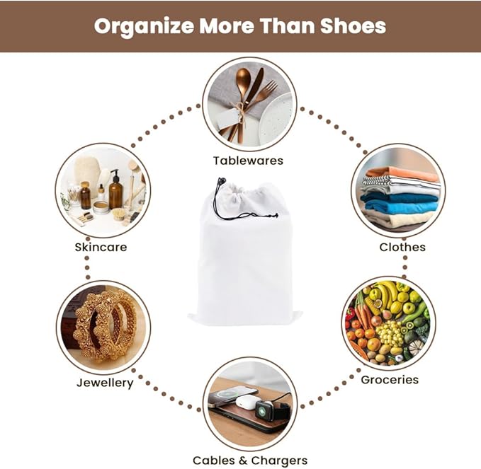 LFH Cotton Rich Shoe Storage Bags with Drawstring, Dustproof Breathable Reusable Organizer, Perfect For Travel, Dorm, Hotel, College, Gym, Easy to Carry, Machine Washable 12"x17" (Pack of 6) - White