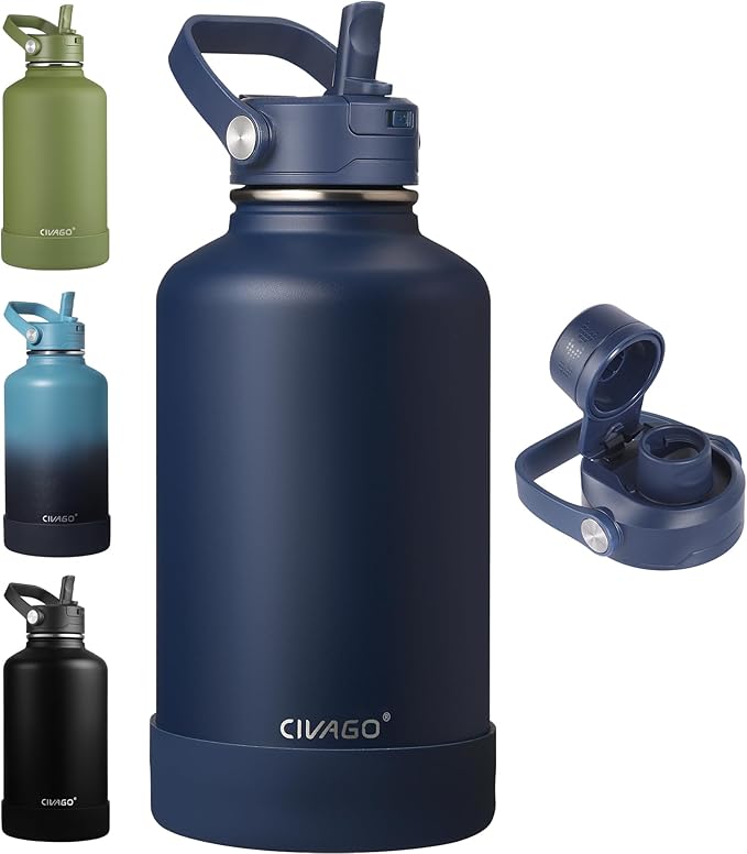 CIVAGO 64 oz Insulated Stainless Steel Water Bottle with Detachable Straw, Large Half Gallon Water Jug with Bucket Handle, Big Metal Leakproof Flask with Silicone Boot for Gym, Dishwasher Safe, Navy