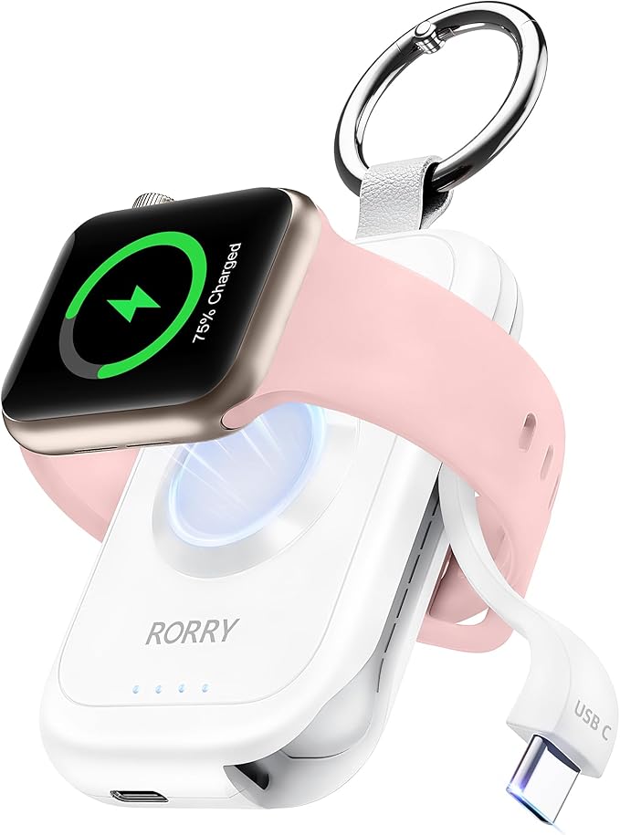 RORRY CharmGo Portable Charger for Apple Watch, 2500mAh Fast Charging for iWatch Charger, Travel Essentials Gifts with Built-in USB C Cable for Apple Watch Series 11 10 9 8 7 Ultra 3 2 SE, Off-White