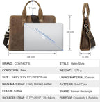 Contacts Leather Briefcase for Men 14 Inch Laptop Bag, Crazy Horse Leather Messenger Bag Brown Business Bag Satchel Shoulder Handbag