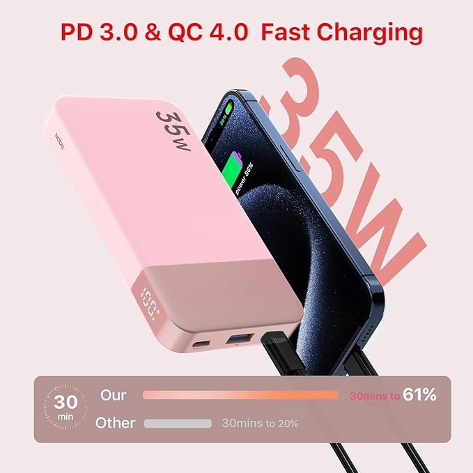 NOBIS Portable Charger, 10000mAh Power Bank Fast Charging, Battery Pack with C to C Cable, Battery Bank with Digital Display for iPhone iPad Android etc (Pink, 35W)