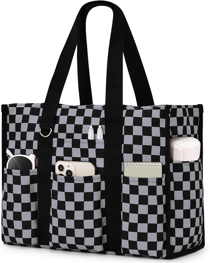 Becokan Large Tote Bag for Women Waterproof with 12 Pockets Top Zipper Closure Utility Teacher Nurse Bags for Work School