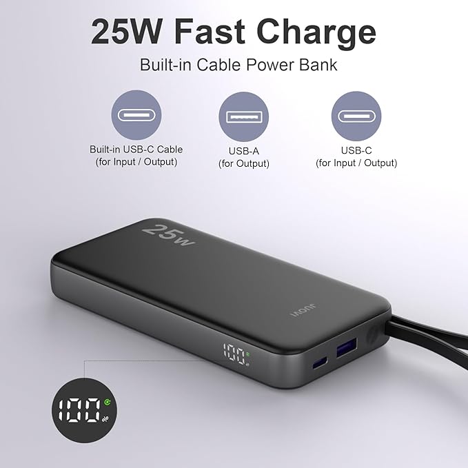 JUOVI 25w Portable Charger 10000mAh Power Bank with Built-in USB C Cable, Battery Pack Charger Portable LED Display Tavel Essential Phone Charger Compatible with iPhone 17/16/15 Series, Samsung, iPad