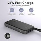 JUOVI 25w Portable Charger 10000mAh Power Bank with Built-in USB C Cable, Battery Pack Charger Portable LED Display Tavel Essential Phone Charger Compatible with iPhone 17/16/15 Series, Samsung, iPad