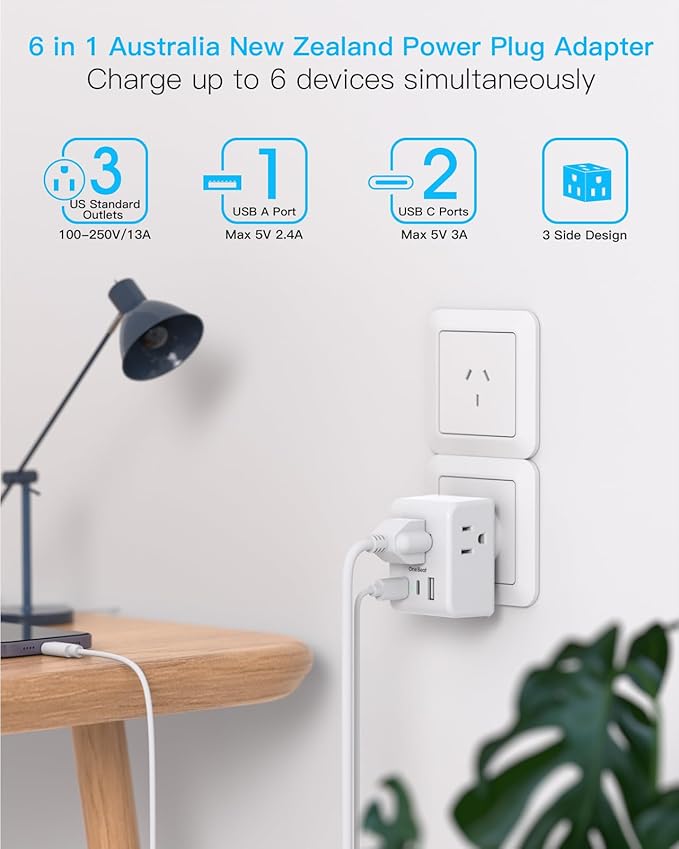 2 Pack Australia New Zealand Power Plug Adapter, Australia Travel Adapter with 3 American Outlets 3 USB Charging Ports (2 USB C), Type I Plug Adapter for US to Australia, Argentina, China