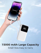 Power Bank, 15000mAh Portable Charger with Built in Cable, 22.5W Fast Charging, 6 Outputs, Slim Travel Essential Battery Pack with LED Display, Compatible with iPhone 17/16/15/14/13, iPad White