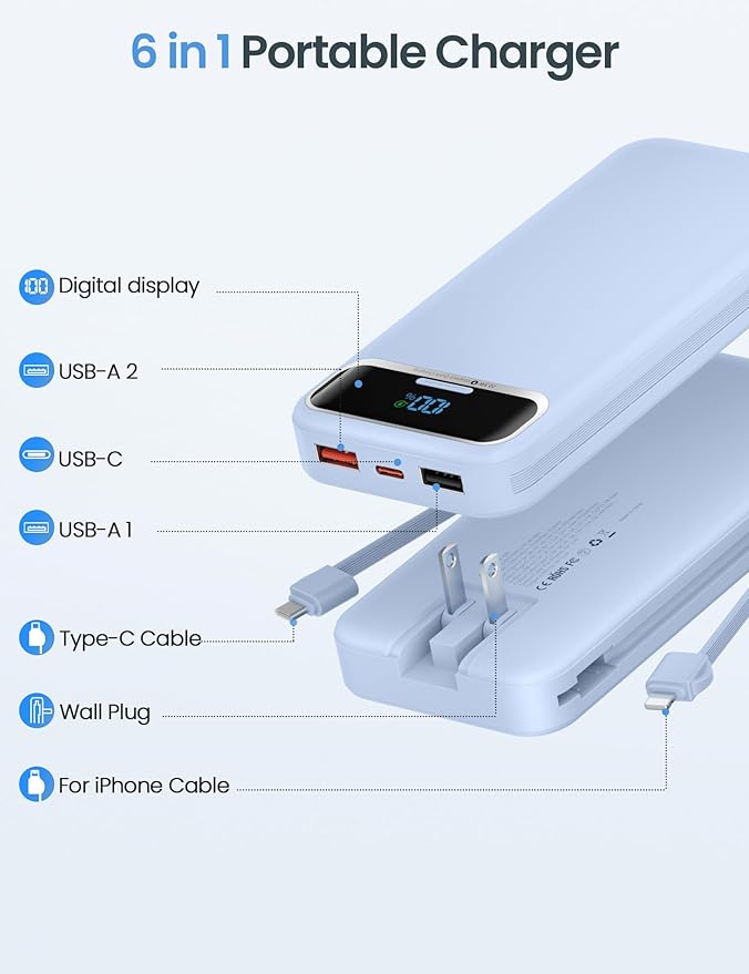 12000mAh Lightweight-Portable-Charger-Power-Bank with Built-in Cables and AC Wall Plug, PD20W USB-C Fast Charging Battery Pack, LED Display External Travel Phone Charger for All iPhone,Samsung,Android