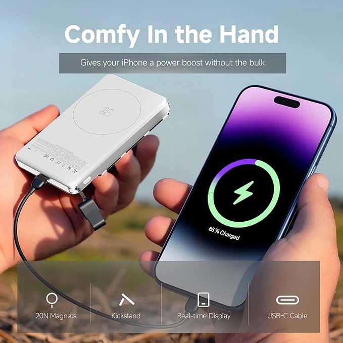 Qi2 Magnetic Portable Charger 10000mAh, 15W Wireless & 22.5W USB-C Fast Charger with Stand & LED Display, for iPhone 17/16/15/14,White