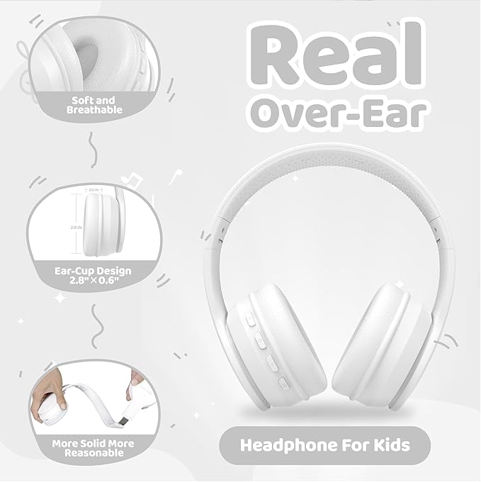 MIDOLA Kids Headphones Bluetooth 5.4 Wireless 68H Play Time Volume Limit 85/94dB Over-Ear Foldable Headset,Type-C Fast Charging, Wired Aux Mic for Toddler Child Pad Tablet White