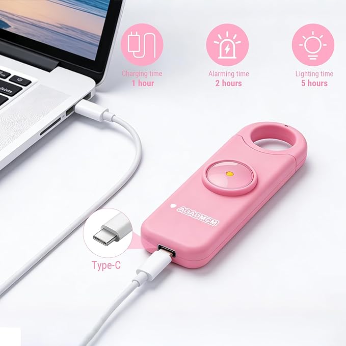 Rechargeable Personal Safety Alarm, 130dB Emergency Siren with LED Flashlight, Portable Keychain for Women, Kids, Elderly, Night Running & Travel (Baby Pink)