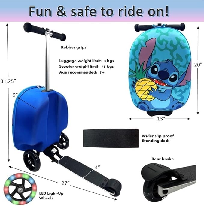 Fast Forward Stitch 18" Ride-On Suitcase Scooter - Lightweight Carry-On Foldable Scooter Luggage
