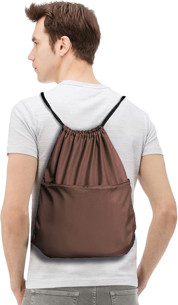 Drawstring Backpack Sports Water Resistant String Bag Sport Gym Sackpack for Women Men Students Large Size with Zipper, Brown