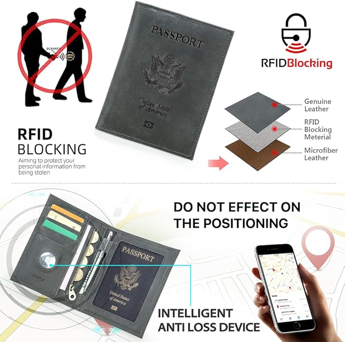CONTACTS Full Grain Leather Passport Holder RFID Blocking Travel Passport Wallet Compatible with Airtag Passport Cover Case with 4 Cards Slots, Coin Pocket (Badge, Gray)