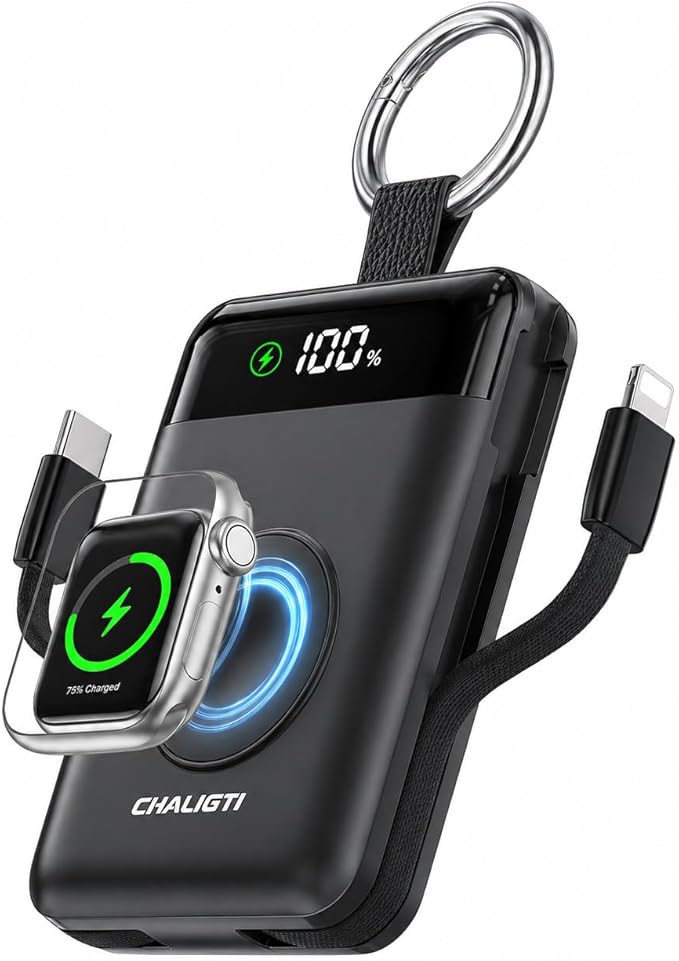 Portable Charger,5000mAh PD 20W Super Fast Charging Power Bank with Built-in Cables,Travel Keychain Battery Pack for Apple Watch Ultra/11/10/9/8/7/6/SE,iPhone 17/16/15/14/13/12 (Black)