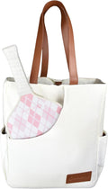 Designer Pickleball Bags for Women | Canvas & Vegan Leather Pickle Ball Tote Bag with Cover Pockets for 4 Paddles | 14"x12"x5.5" Small/Medium Tote Bag with Paddle Pocket & Fence Hook