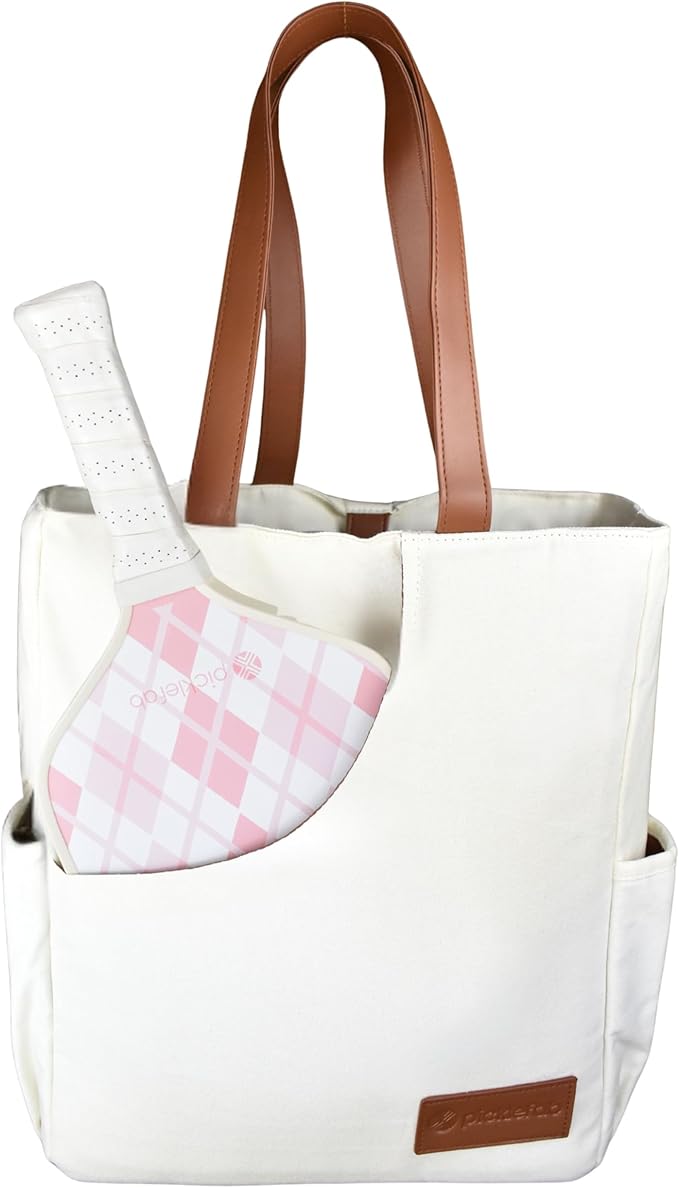Designer Pickleball Bags for Women | Canvas & Vegan Leather Pickle Ball Tote Bag with Cover Pockets for 4 Paddles | 14"x12"x5.5" Small/Medium Tote Bag with Paddle Pocket & Fence Hook