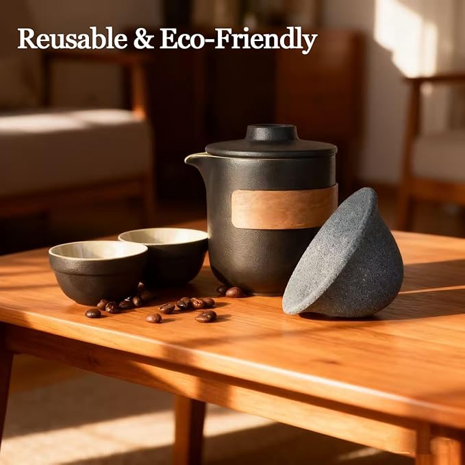 Pour Over Coffee Maker - All-Ceramic Drip Set, Single Serve Coffee Maker with Pour Over Dripper, Reusable Ceramic Filter & Carafe, Portable Travel Drip Kit Valentines Day Gifts for Him