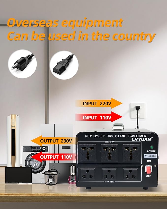LVYUAN 3000 Watt Voltage Converter Transformer Heavy Duty Step Up/Down AC 110V/120V/220V/240V Power Converter with 3 US Outlets, 3 Universal Outlets, Resettable Circuit Breaker Protection