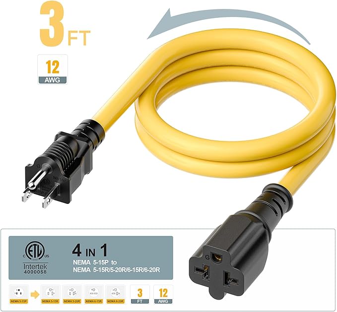 [3-Feet]NEMA 5-15P Extension Cord, Plugrand NEMA 5-15P to 5-15R/ 5-20R/ 6-15R/ 6-20R AC Adapter, 12AWG 15 Amp to 20 Amp T Blade Adapter Cable, 15A 125V to 20A 250V Extension Cord, 3FT