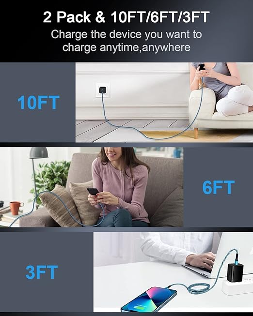 2pack-10ft USB Type C to Lightning Charger Cable, Original Apple Usbc Power Delivery Fast Charging Cord for iPhone 14 13 Pro Max/13Pro/12/11/X/XR/XS/8, PD USB-C Lighting Wire Cargador Powerline