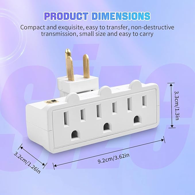 Multi Plug Outlet Splitter, 3 Outlet Adapter Grounded 180 Degree Swivel Wall Plug Outlet, UL Listed 3-Outlet Extender, Grounded Wall Tap Power Plug Expander for Household Appliances (1 Pack)