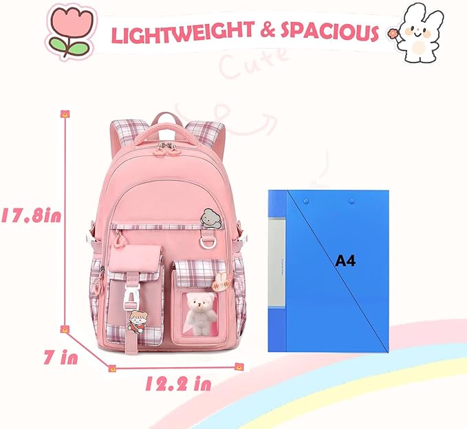 PRLINJSK Girls Backpack，Cute School Backpack for Girls Kids Teens，Kawaii Bookbag for Primary Elementary，Pink