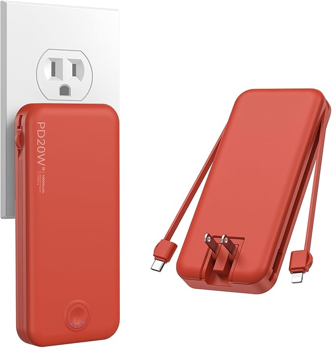 Nusyddy Portable Charger, 10000mAh PD20W Fast Charging Power Bank with Built-in Cables & Wall Plug, Travel Essentials External Battery Pack, USB C Battery Phone Charger for iPhone, iPad, Samsung Red
