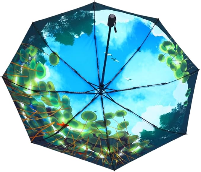KCKEYS Artistic Natural Scenery Cartoon Floral Folding Umbrella, Double Layer Windproof, Travel Umbrellas for Rain, Anti Rain Sun Umbrellas (Lake Sky)
