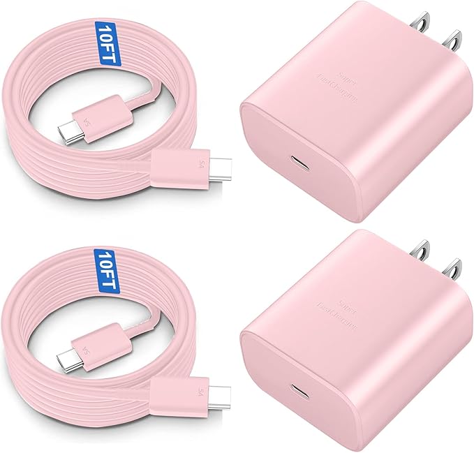 USB-C Super Fast Charger 45Watt Type C Android Phone Charging Block with 10FT Cable for Samsung Galaxy S26 S25 S24 S23 Ultra/S26 S25 S24 S23 S22 S21 S20/Note 10/20-Pink