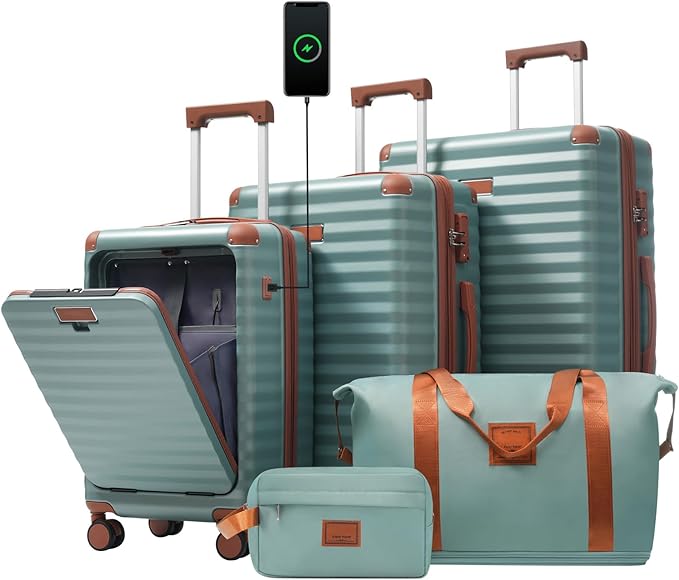 5 Piece Luggage Set w/TSA Locks & USB Port, Front Opening Hard Shell Luggage Sets, Expandable Suitcase Set with Wheels and Cup Holder(20"/24"/28") (Blue Green)