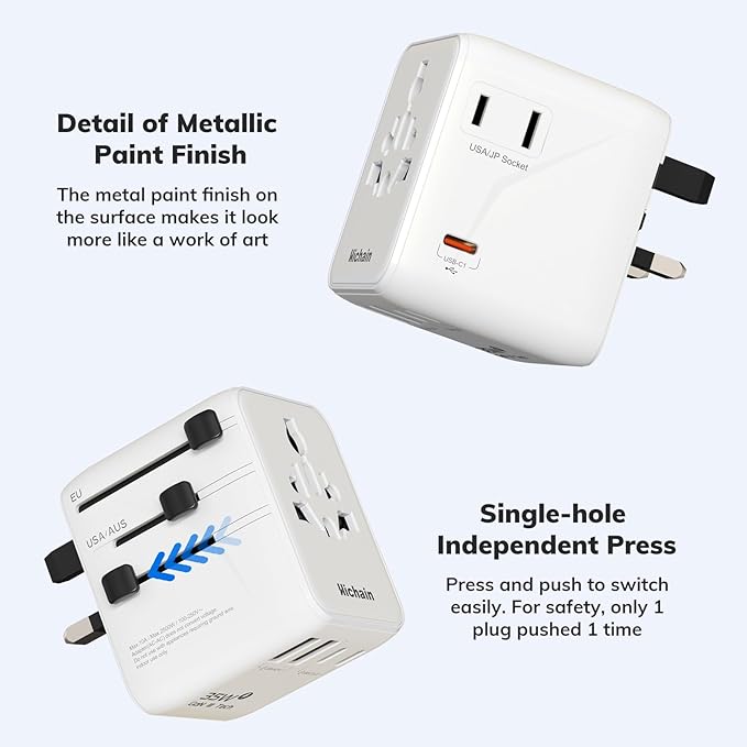 Hichain Universal Travel Adapter, 7-in-1 International Power Adapter 35W Fast Charging Adapter for Europe Plug Universal Power Block, GaN Travel Adapter Worldwide Portable Plug for EU, UK, US, AUS