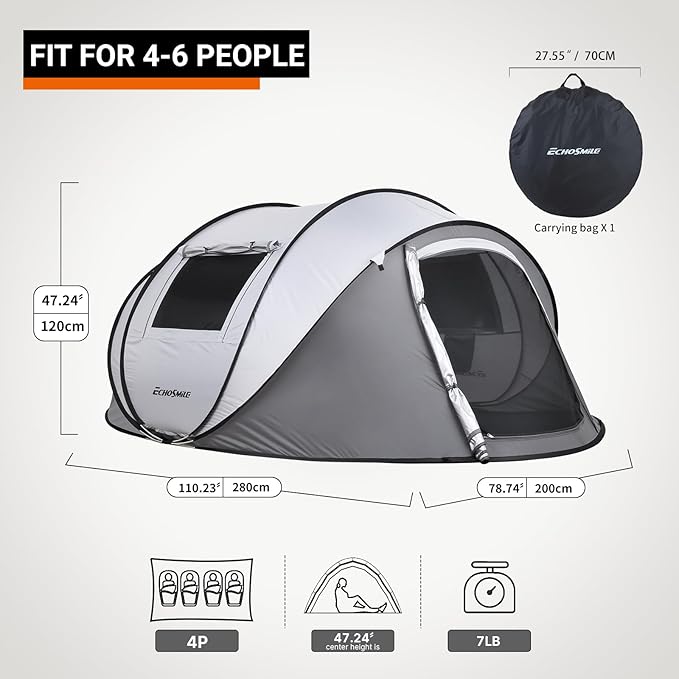 EchoSmile Pop Up Camping Tent, 2/4/6 Person Easy Setup Tent, Water Resistant Dome, Portable with Carry Bag