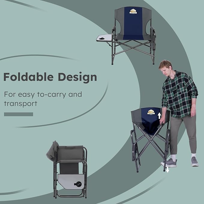 Colegence Oversized Directors Camping Chair Support 600 LBS, Heavy Duty Folding Outdoor Chairs with Detachable Side Pocket and Adjustable Side Table for Outside Beach,Lawn,Fishing (Blue)