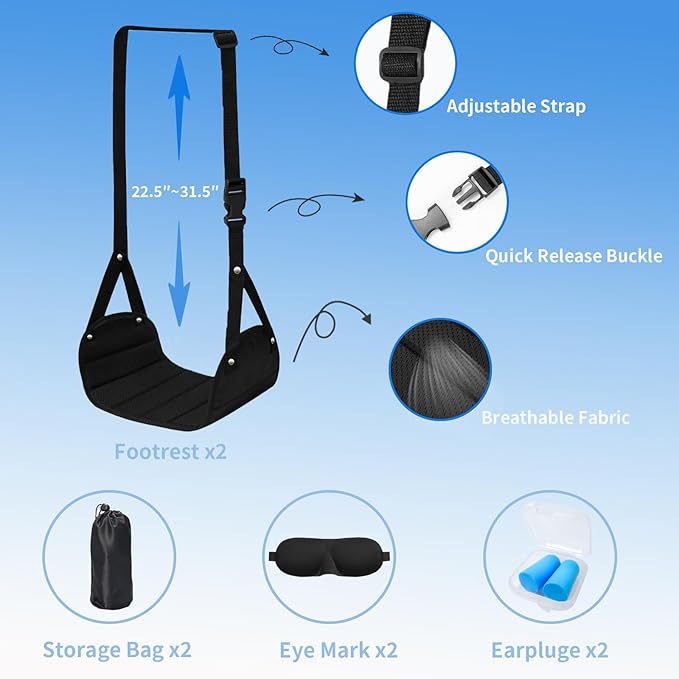 2 Pack Airplane Foot Hammock, Foot Rest for Under Desk at Work, Length Adjustable Airplane Foot Rest for Long Trip, Plane Travel Flight Essentials with Eye & Earplugs, Leg Hammock to Relax Your Feet