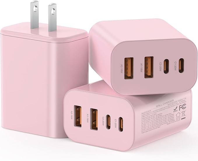 USB C Charger Block, 3-Pack 40W Wall Plug Fast Charging Block, Type C Charging Blocks Cube 4-Port PD + QC Power Adapter, Compatible with iPhone 17/16/15/14/13/12/11/Pro Max, Tablets（Pink）