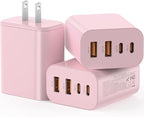 USB C Charger Block, 3-Pack 40W Wall Plug Fast Charging Block, Type C Charging Blocks Cube 4-Port PD + QC Power Adapter, Compatible with iPhone 17/16/15/14/13/12/11/Pro Max, Tablets（Pink）