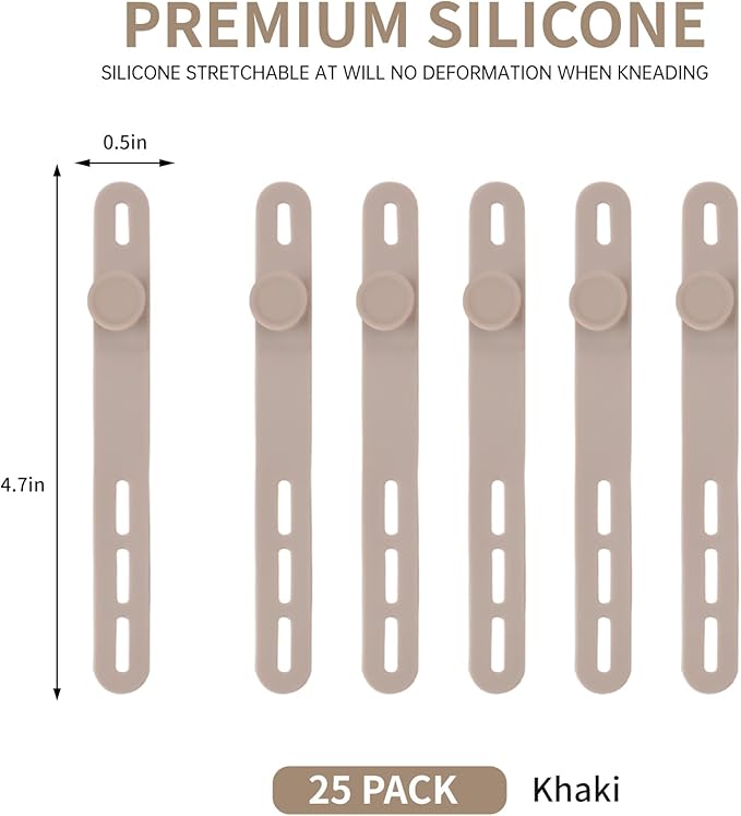 Oligei 25 Pcs Silicone Cable Ties, Cable Ties Reusable, High Elasticity Cord Wraps for Electrical Cords, Cord Organizer for Earphone, Phone Charger(Khaki)