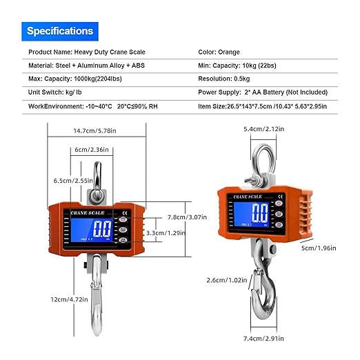 Portable 1000Kg/500Kg Digital Hanging Scale - Heavy-Duty Industrial Hook Scale with LCD Backlight, Unit Change Function, Sturdy & Safe