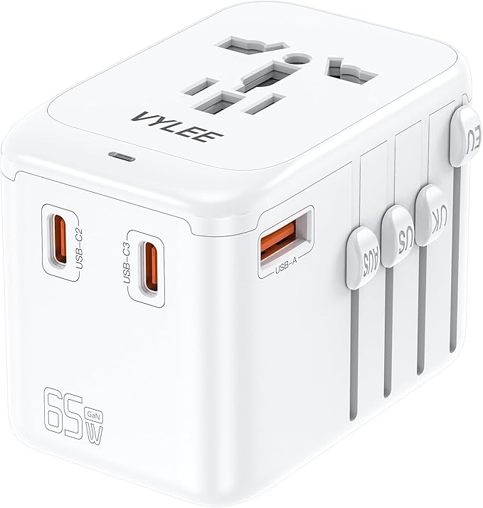 VYLEE Travel Plug Adapter, 65W Fast GaN Travel Charger, International Plug Adapter with 3 USB-C PD and 1 USB-A QC with US/EU/UK/AU Convenient for iPhone,Samsung,Laptops
