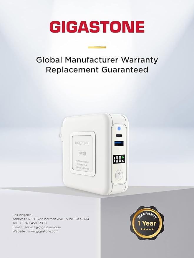 Gigastone 3in1 Power Bank with AC Plug 10000mAh with USB-C PD 3.0 20W, USB-A QC3.0 18W Fast Charging, 5W to 15W Wireless Output, Compatible with Apple, Android, and Other Qi Enabled Devices - White
