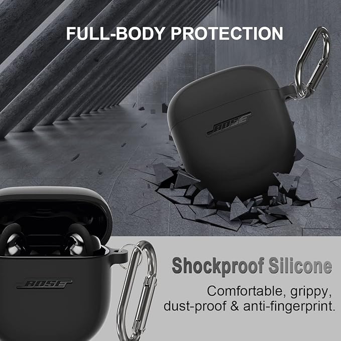 Silicone Case for Bose QuietComfort Earbuds II (2022) & QuietComfort Ultra Case (2023), Shockproof Protective Cover for Bose Earbuds Accessories with Keychain for Men Women (Black)
