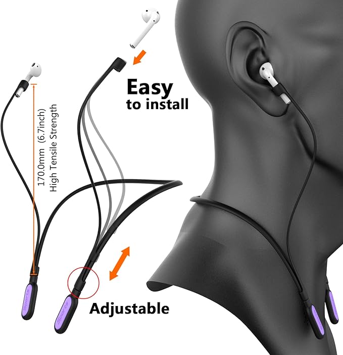 Compatible Airpods Strap, Silicone Anti-Lost Strap Connector Sports Neckband Compatible for Airpods Pro 3/2/1, Air Pod 4, 3, 2, 1, Black with Purple