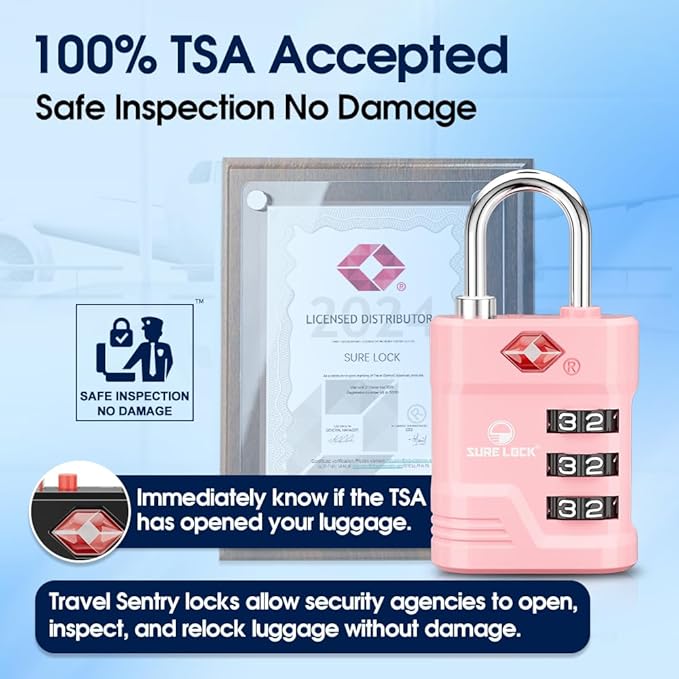 SURE LOCK TSA Approved Luggage Lock – 3-Digit Resettable Combination Padlock with Open Alert Red Dot, Large Easy-Read Dials for Suitcases, Backpacks, Gym & School Lockers(Pink 4 pk)