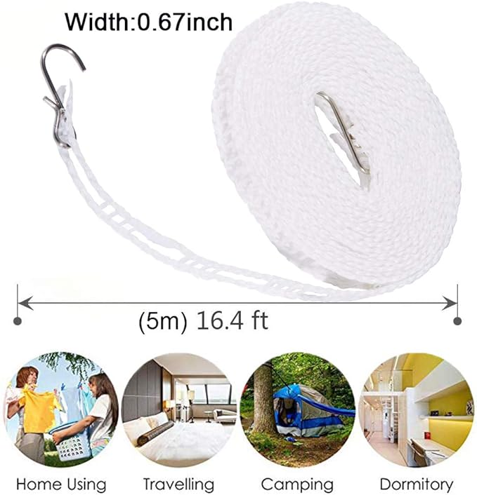Foshine Clothesline 5m 1.64ft Length 2 Pack Camping Red White Clothes Drying Rope Portable Windproof Travel for Indoor Outdoor Laundry